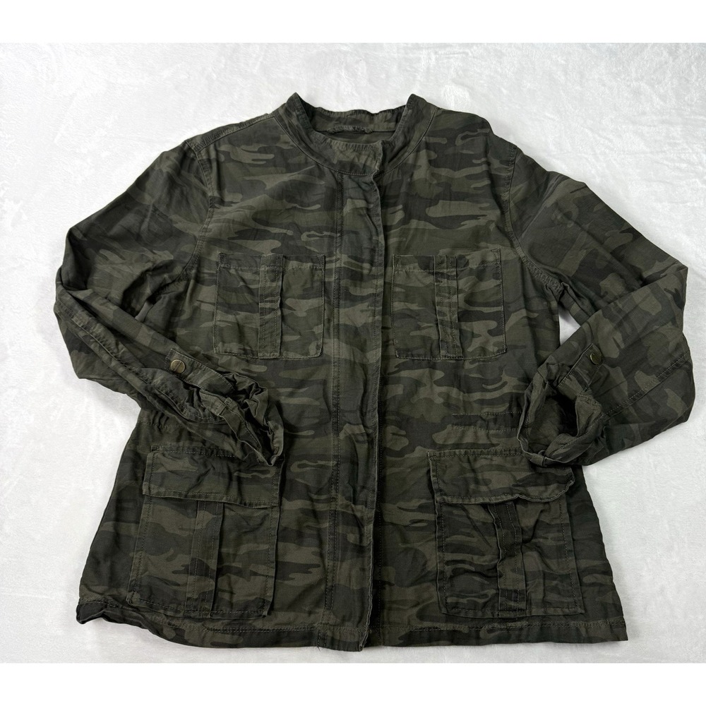 SANCTUARY Camouflage Utility Jacket M Full Zip Cinch Waist Rolled Cuff Camo